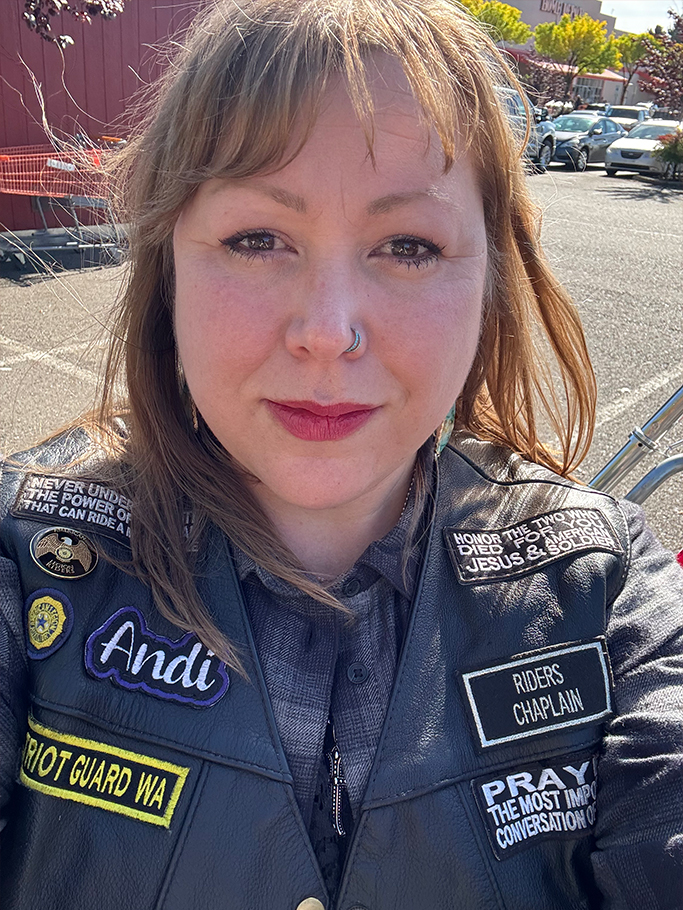 Andi Schwartz in her Patriot Guard Riders leather vest, serving as Riders Chaplain